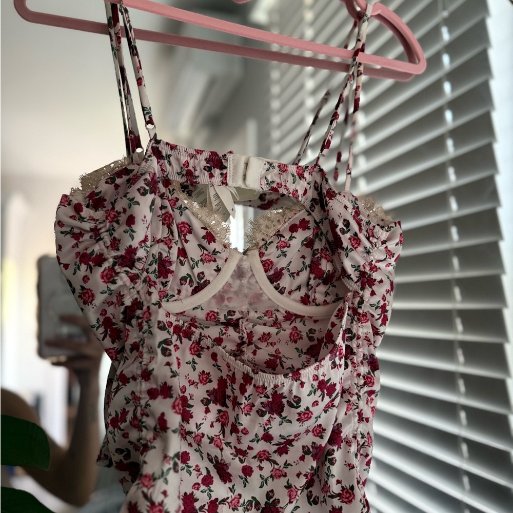 For Love & Lemons White Pink Floral Ruched Bustier Camisole - Picture 3 of 4